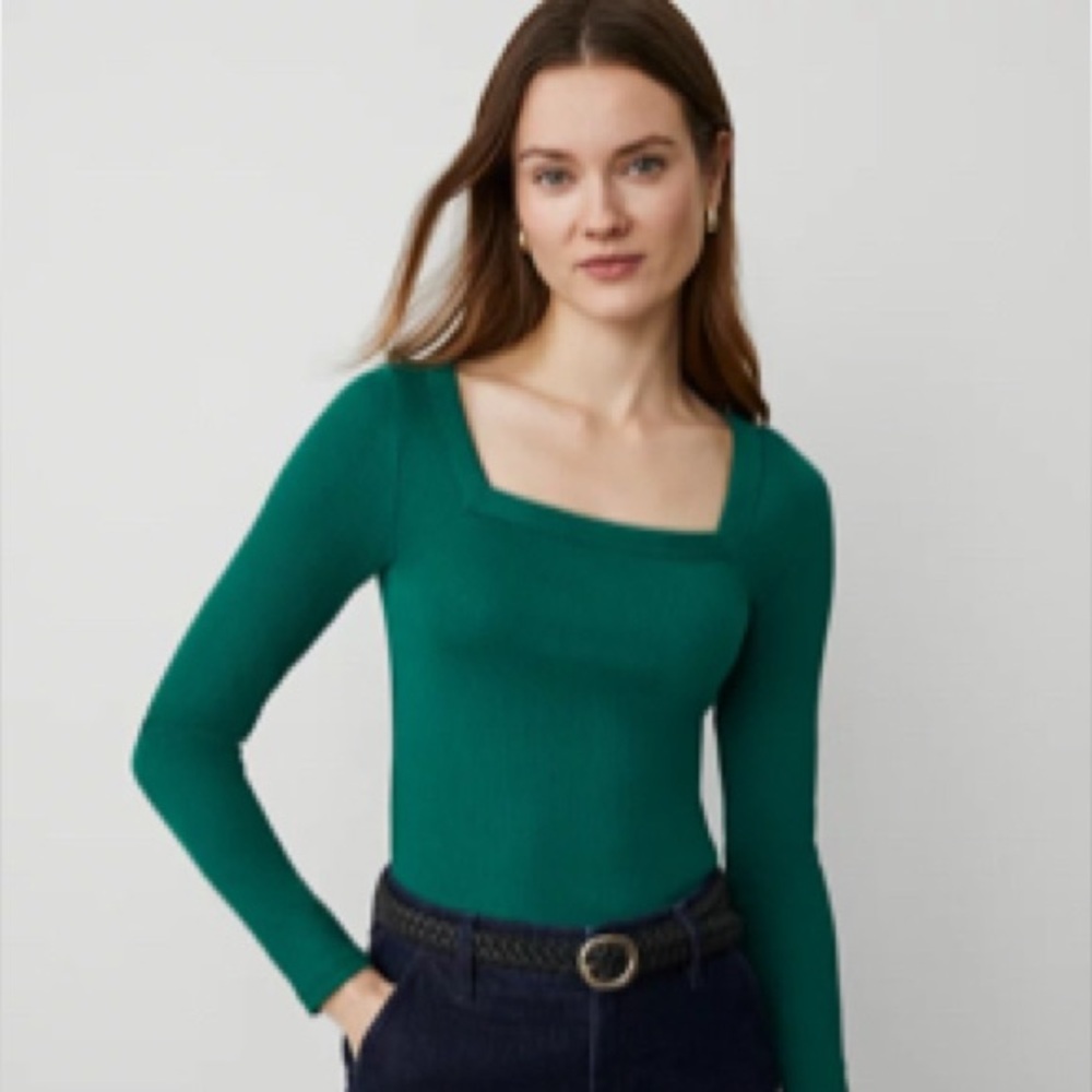 NWT Ann Taylor Green Square Neck Ribbed Top SZ L